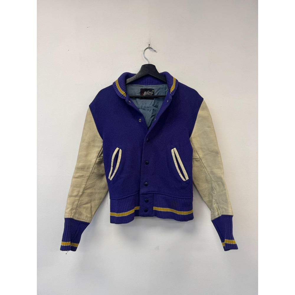 Vintage‎ Whiting Jacket Mens Small Purple Wool Leather Varsity Letterman Bomber
